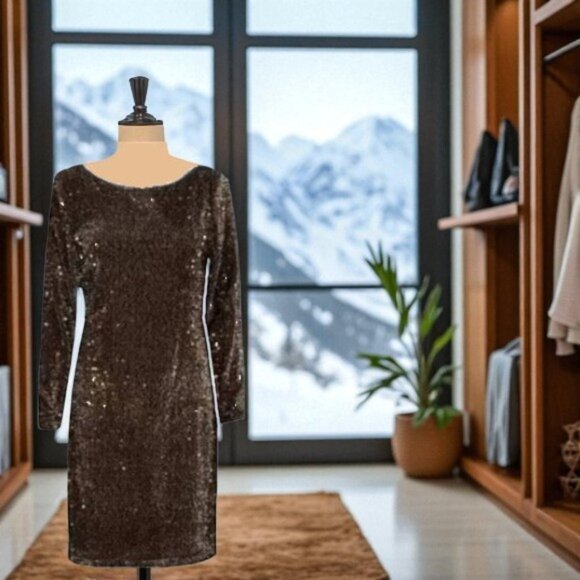 Leslie Fay Metallic Copper Sequins Velvet Dress - Picture 1 of 7